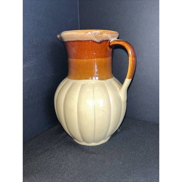 Vintage Drip Glaze Ceramic Pitcher Mid Century Retro Farmhouse Vase Brown Tan 7" - Picture 2 of 10